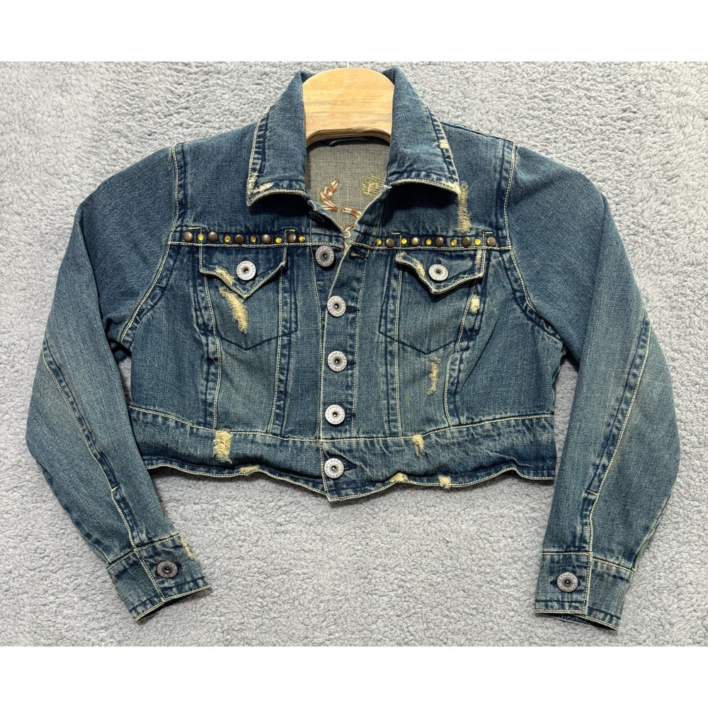 Z Cavaricci Cropped Distressed Embellished Embroidered Denim jacket Womens Small